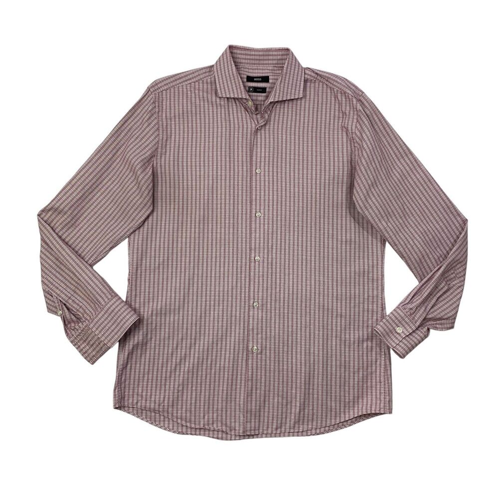 Hugo Boss Shirt Mens 16 SLIM Fit Bordeaux Red White Plaid Long Sleeve Dress
